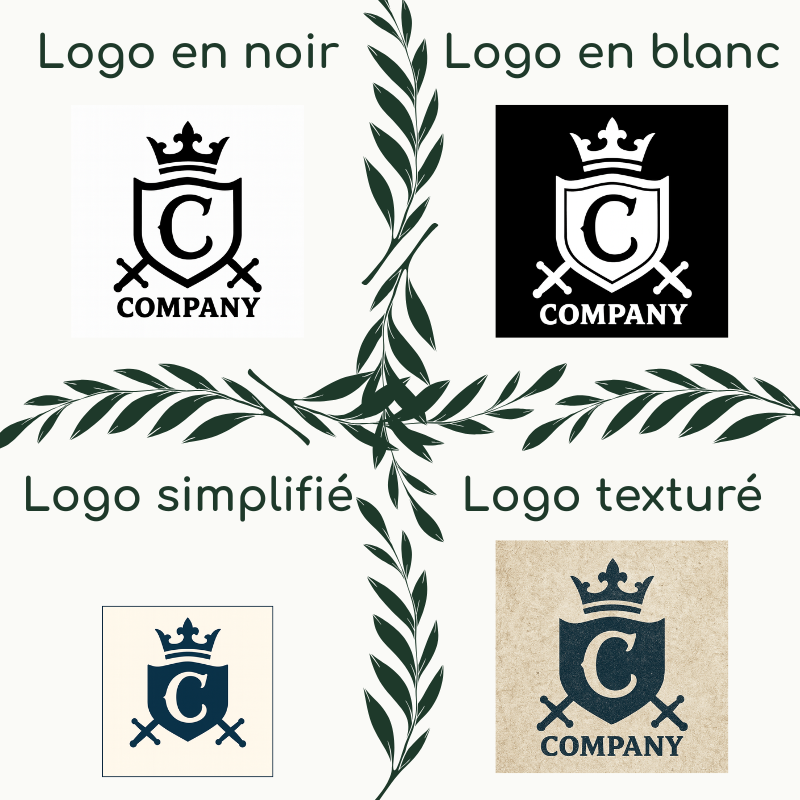 4 variantes de logo : noir, blanc, simplifié, texturé