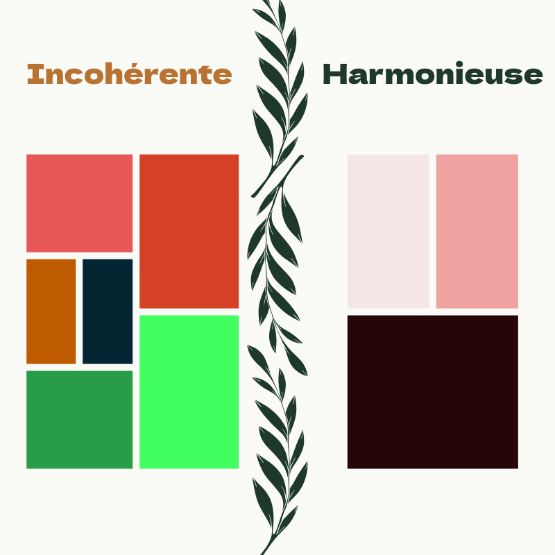 palette couleurs incohérente (plein de couleurs vives) versus harmonieuse (quelques couleurs permettant de faire un camaieu)