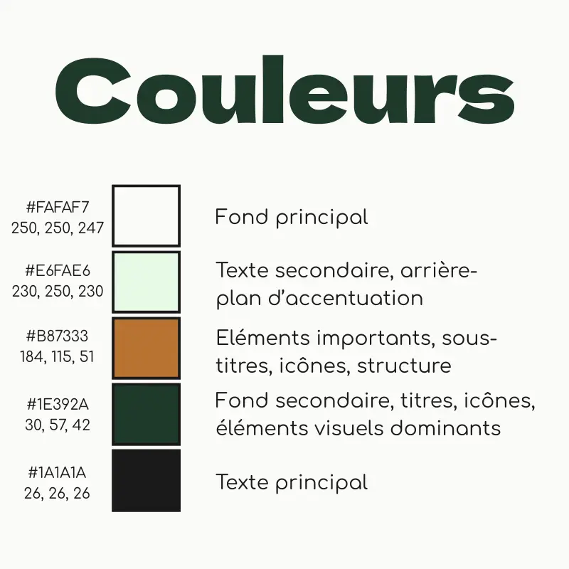 charte graphique partie couleurs : 5 couleurs d'une identité visuelle, avec les codes couleurs pour chaque ainsi que les règles d'utilisation